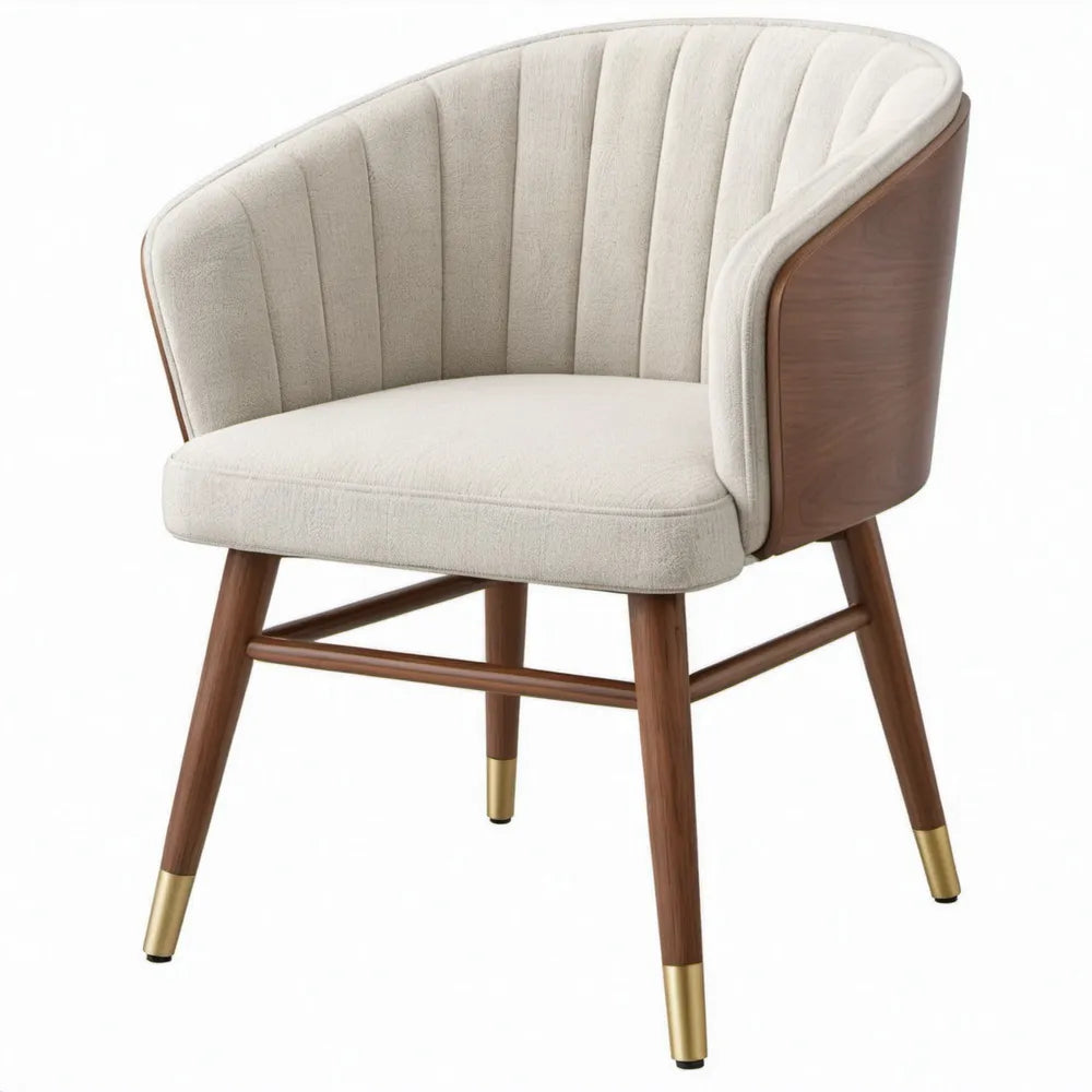 Moderne armstoel crème en walnootbruin met goudkleurige accenten, 61 x 60 x 80 cm