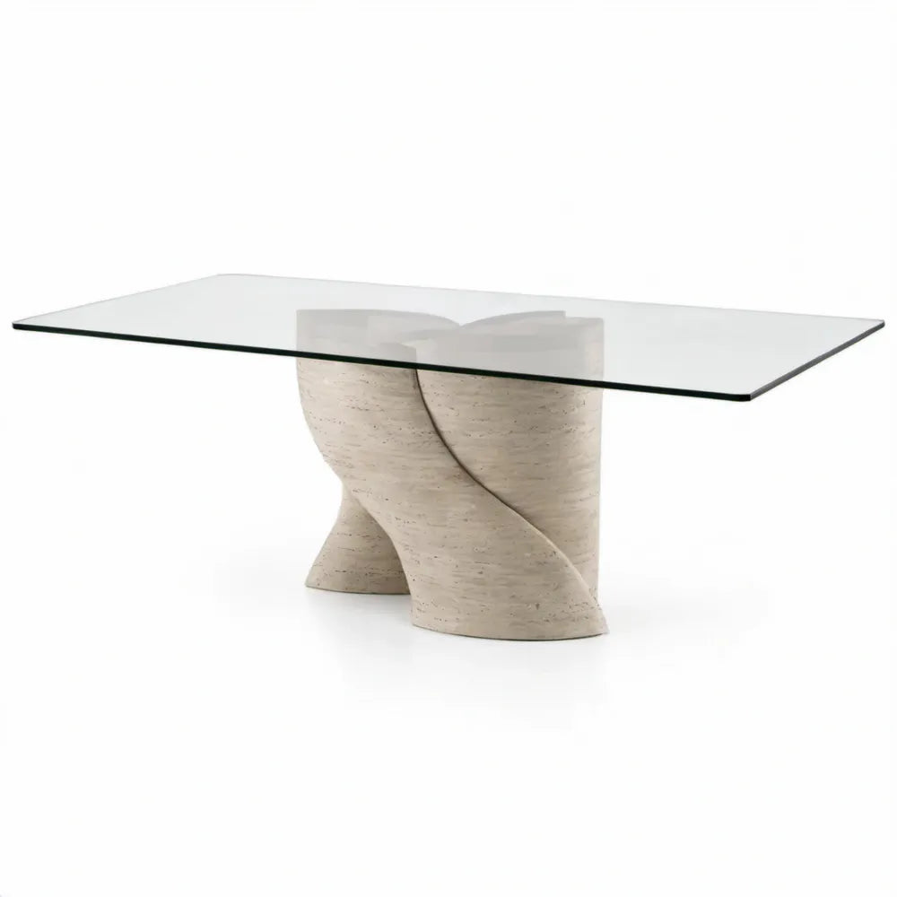 Rechthoekige eettafel 200 x 100 x 75 cm met transparant glazen blad en beige travertijnen onderstel
