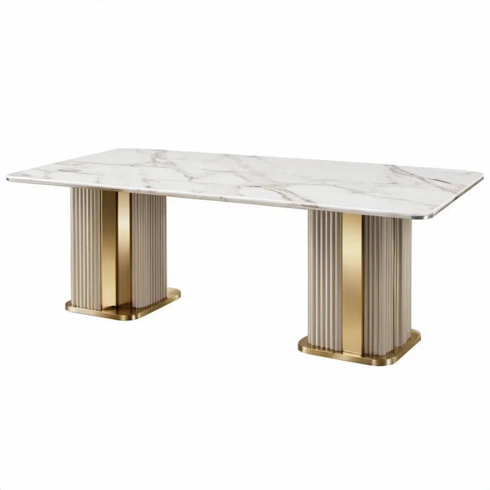 Eettafel 180 x 90 x 75 cm met wit/grijs keramisch marmerlookblad en beige/goudkleurig roestvrijstalen onderstel
