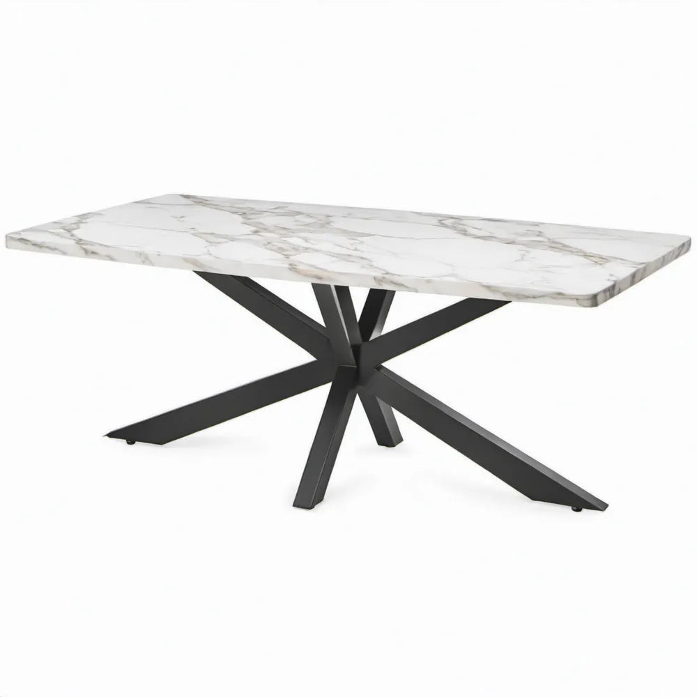 Eettafel 200 x 100 x 76 cm met wit keramisch blad in marmerlook en zwart stalen kruispoot