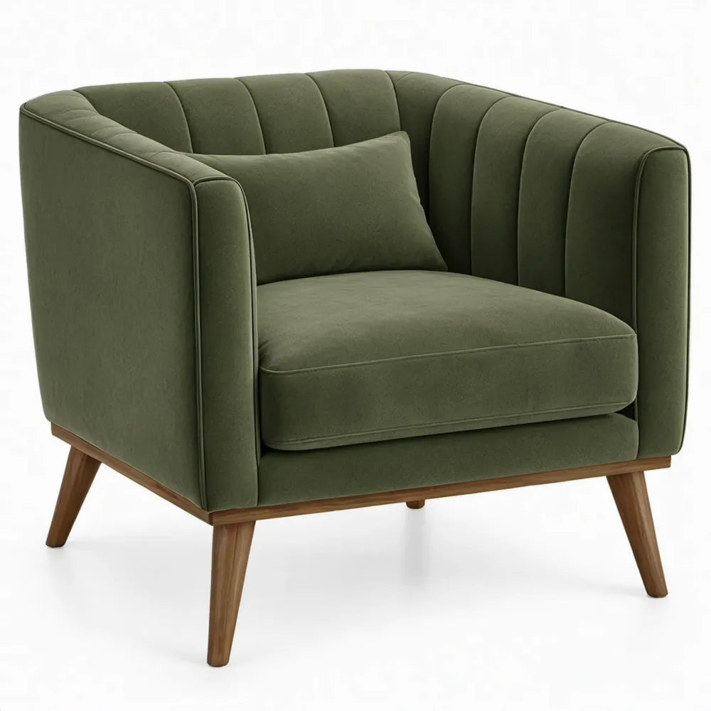 Loungefauteuil met kussen 84 x 78 x 82 cm in olijfgroen fluweel met rubberhouten poten