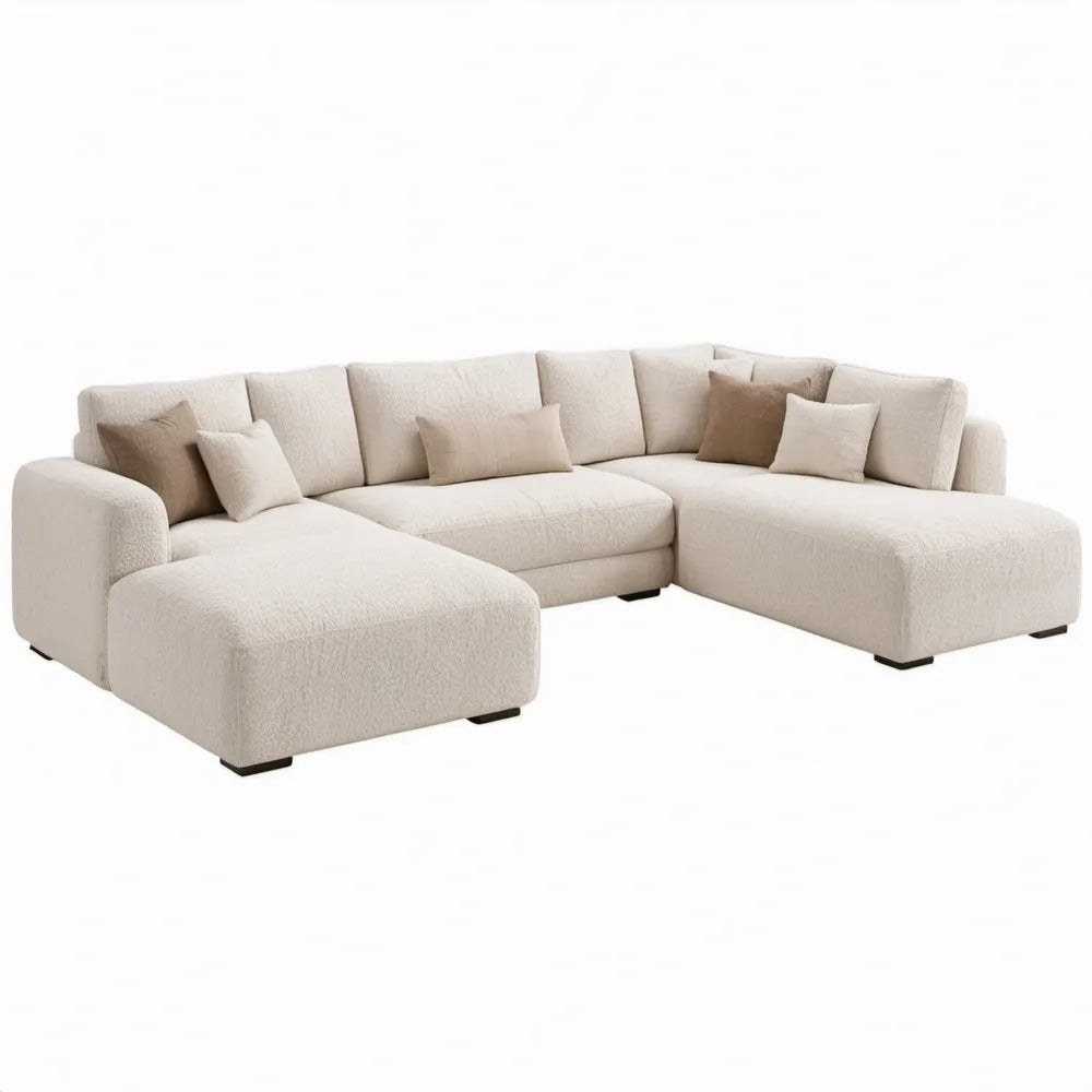 Crèmekleurige bouclé U-bank met chaise longues, 4 zitplaatsen, 330 x 190 x 78 cm