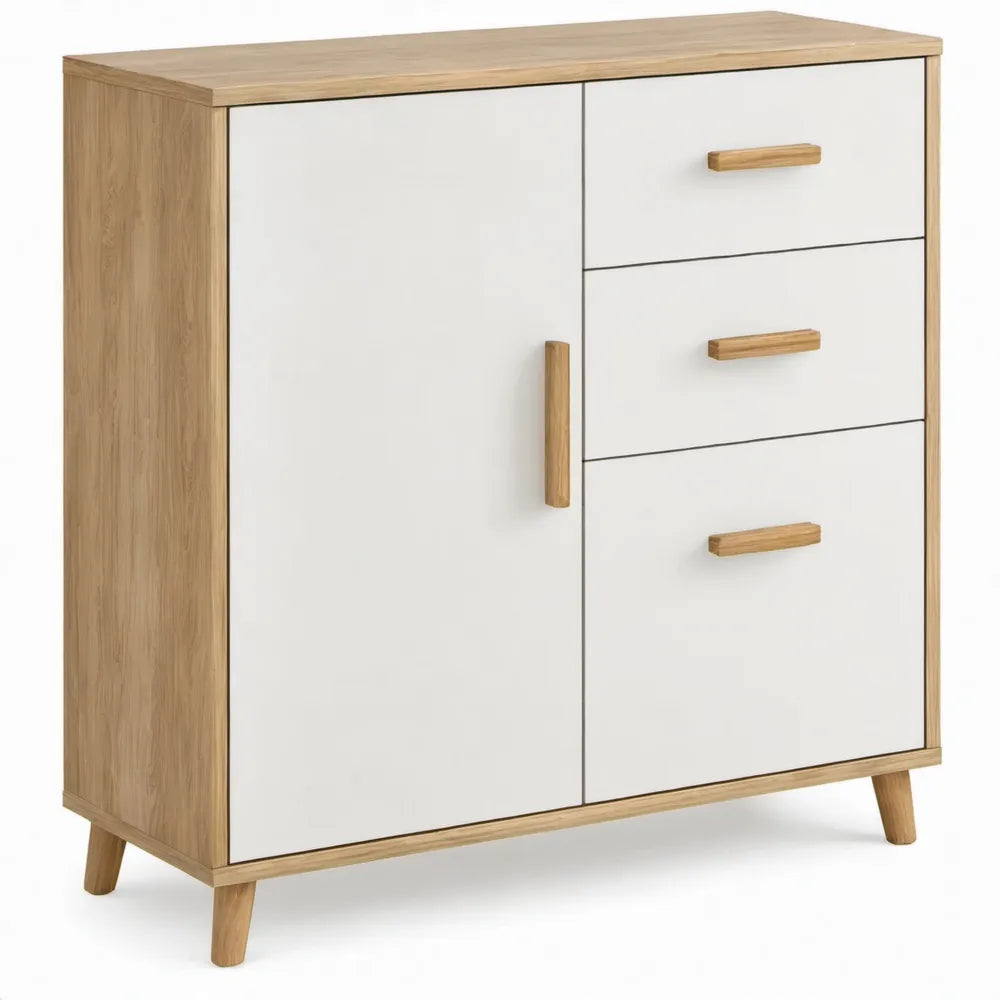 Opbergkast met 1 deur en 3 lades, 80 x 40 x 95 cm, wit en eiklook