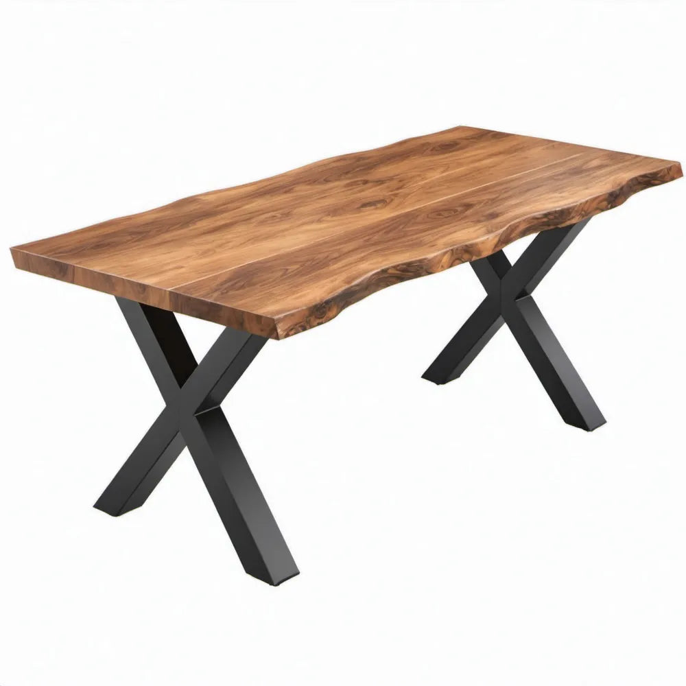 Rechthoekige eettafel van massief acaciahout met X-poten, 200 x 100 x 76 cm, Bruin/Zwart