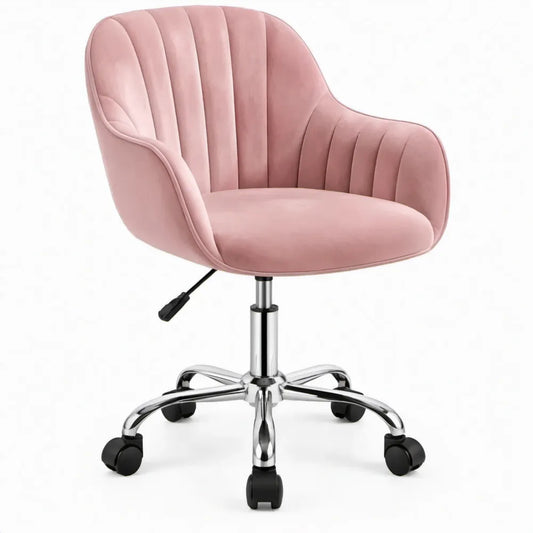 Roze fluwelen bureaustoel met armleuningen en wielen, 61 x 61 x 80-90 cm