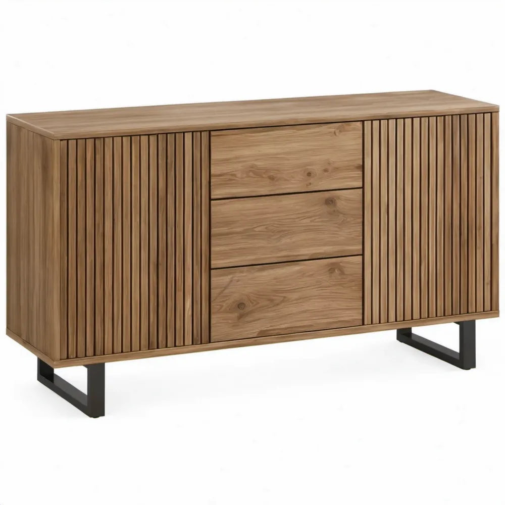 Dressoir van massief acaciahout met 2 deuren en 3 laden, 160 x 40 x 85 cm, naturelbruin/zwart