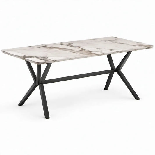 Eettafel 180 x 90 x 75 cm met wit-grijs keramisch tafelblad in marmerlook en zwart stalen onderstel