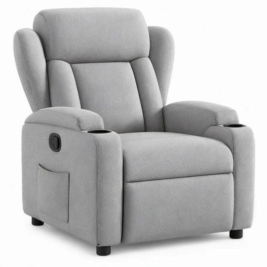 Handmatig verstelbare lichtgrijze fauteuil met voetensteun en bekerhouders, 90 x 93 x 102 cm