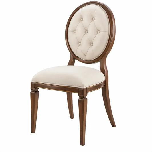 Klassieke eetkamerstoel met ronde rugleuning, 50 x 56 x 100 cm, crème/bruin, massief rubberhout en PU-kunstleer