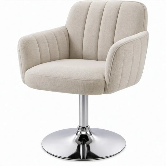 Draaibare eetkamerstoel met armleuningen, beige polyester en verchroomd staal, 60 x 60 x 85 cm