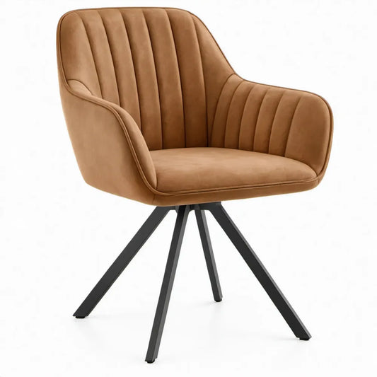 Eetkamerstoel met armleuningen 60 x 64 x 85 cm in cognac microvezel met zwart stalen onderstel
