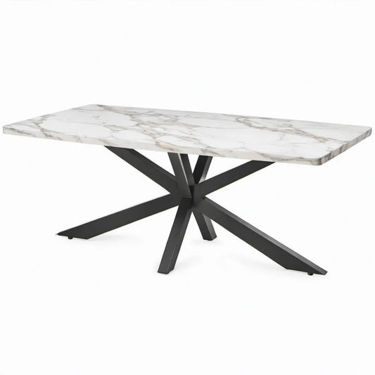 Eettafel 200 x 100 x 76 cm met wit keramisch blad in marmerlook en zwart stalen kruispoot