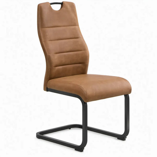 Eetkamerstoel met handgreep, bruine microvezel en zwart stalen sledeframe, 98 x 44 x 60 cm