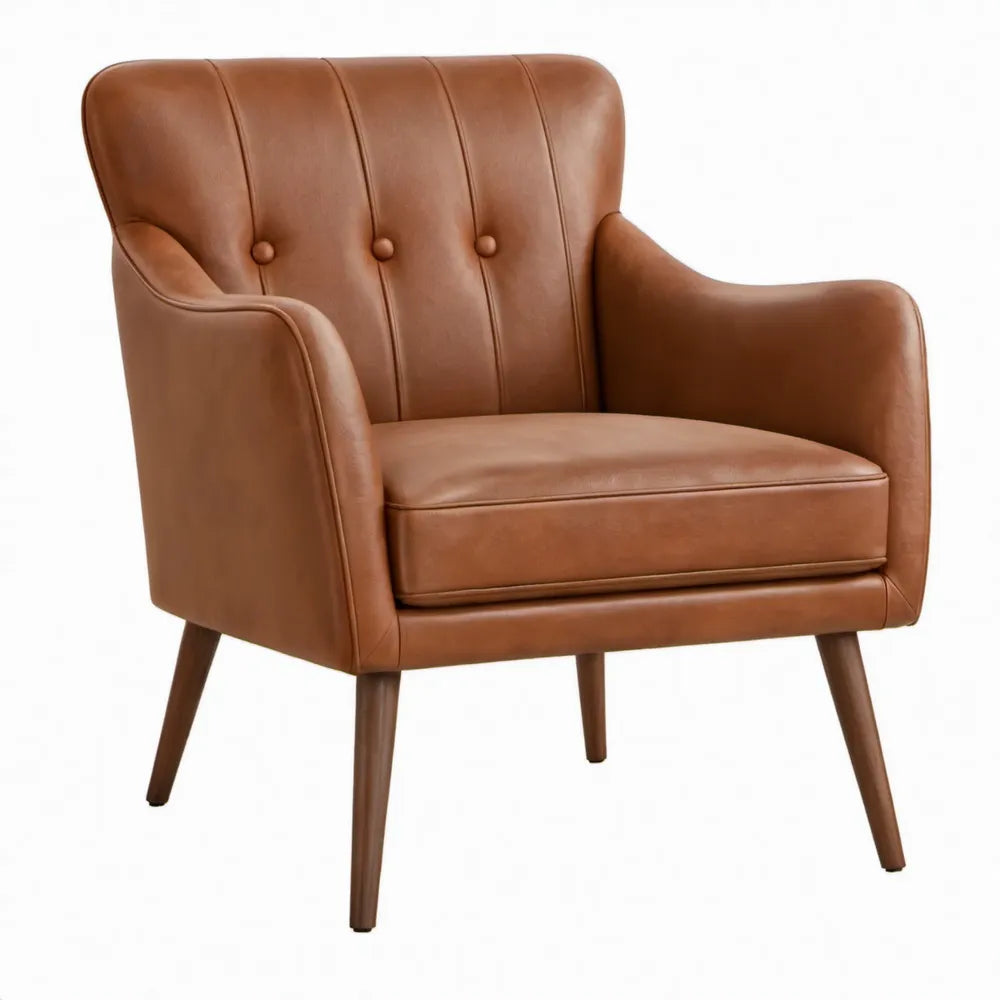 Fauteuil van cognacbruin PU-leer met donkerbruine rubberhouten poten, 78 x 75 x 88 cm
