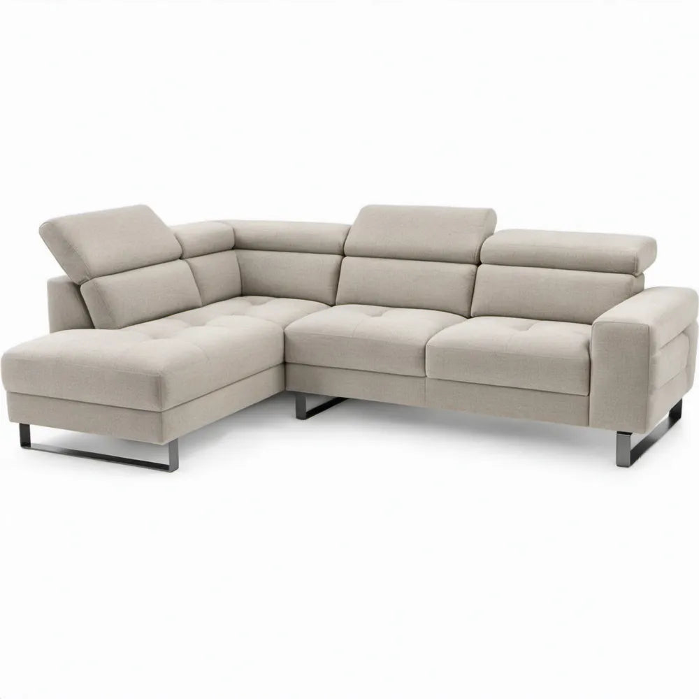 Beige hoekbank met linker chaise longue, verstelbare hoofdsteunen en zwarte stalen poten – 285 x 170 cm
