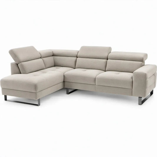 Beige hoekbank met linker chaise longue, verstelbare hoofdsteunen en zwarte stalen poten – 285 x 170 cm