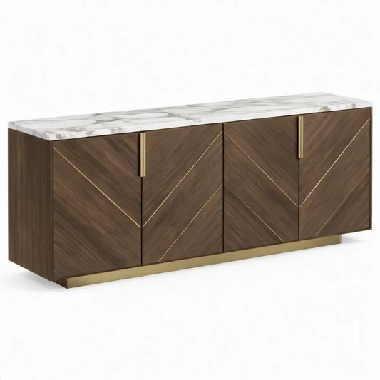 Dressoir met 4 deuren, marmerlook blad en goudkleurige details – 180 x 45 x 80 cm – Donkerbruin