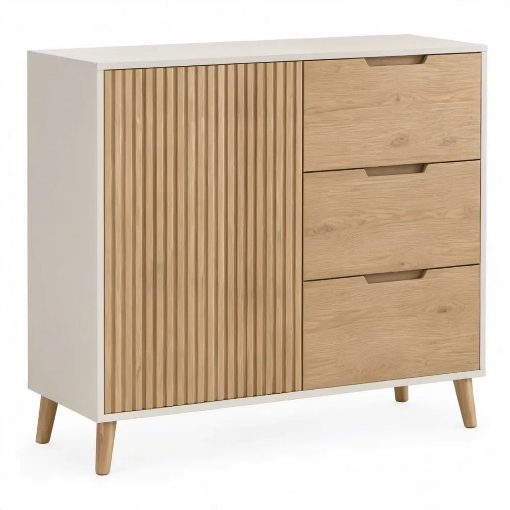 Witte opbergkast met 3 laden en latten deur, 90 x 40 x 100 cm, naturel eiken