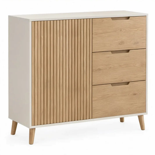 Witte opbergkast met 3 laden en latten deur, 90 x 40 x 100 cm, naturel eiken