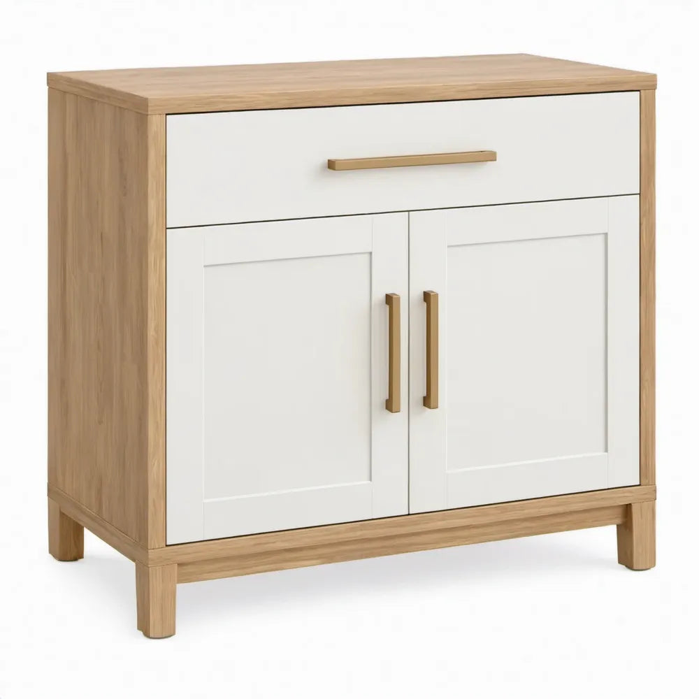 Opbergmeubel met 2 deuren en 1 lade, 80 x 40 x 90 cm, wit/eikenkleurig/goudkleurig