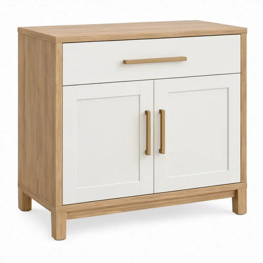 Opbergmeubel met 2 deuren en 1 lade, 80 x 40 x 90 cm, wit/eikenkleurig/goudkleurig