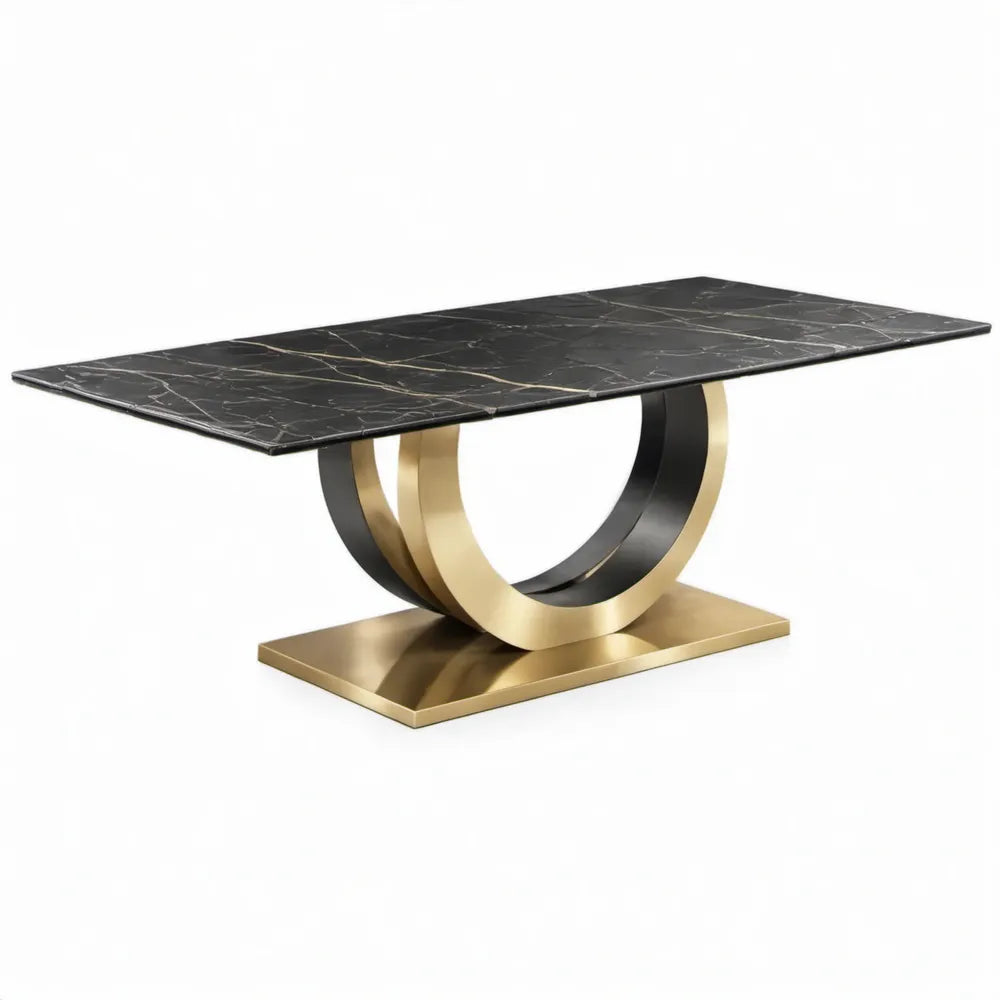 Rechthoekige eettafel 200 x 100 x 75 cm met zwart-goudkleurig blad en zwart-goudkleurig roestvrijstalen onderstel