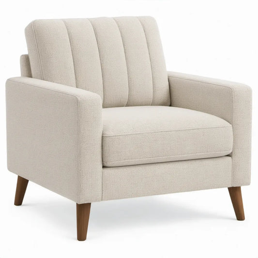 Gestoffeerde loungestoel met armleuningen, crèmekleurig met bruine rubberhouten poten, 76 x 80 x 88 cm